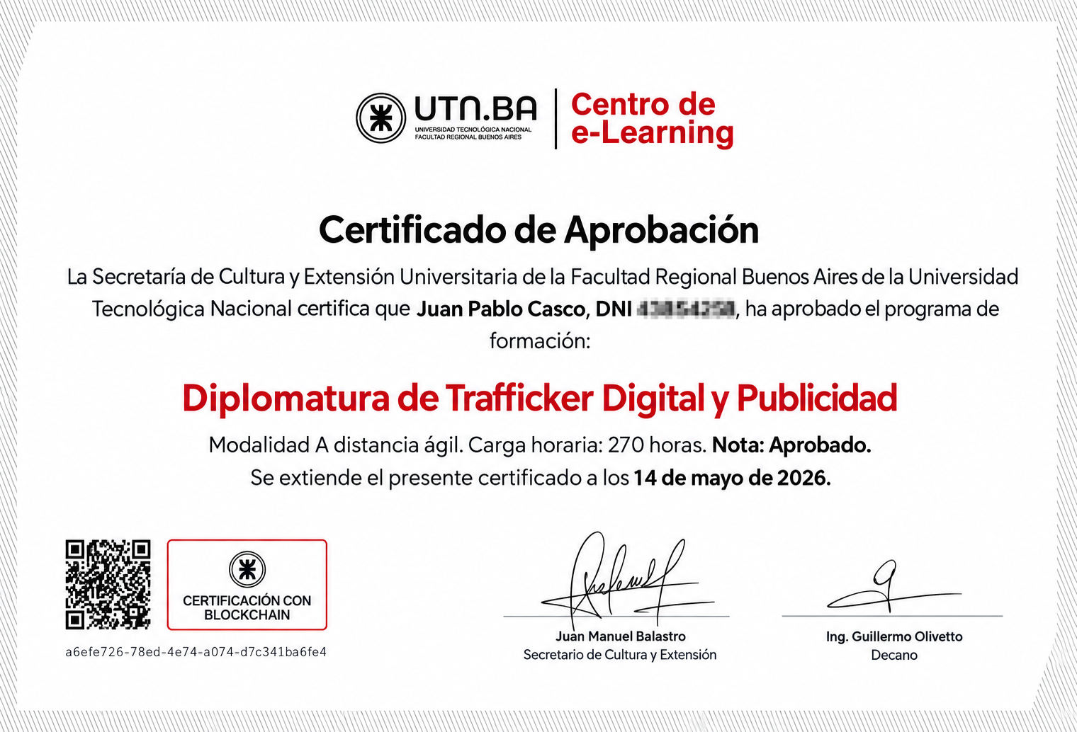 Certificado de la Diplomatura de Trafficker Digital y Publicidad, UTN